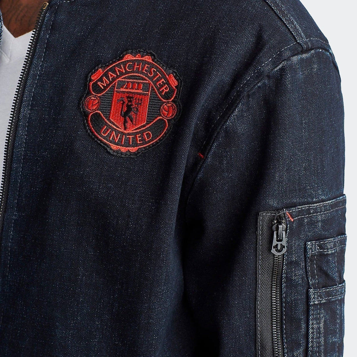 True Religion Manchester United Denim Bomber Jacket product image 2, provided for visual reference and product detail review