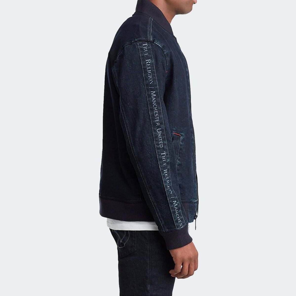 True Religion Manchester United Denim Bomber Jacket product image 4, provided for visual reference and product detail review
