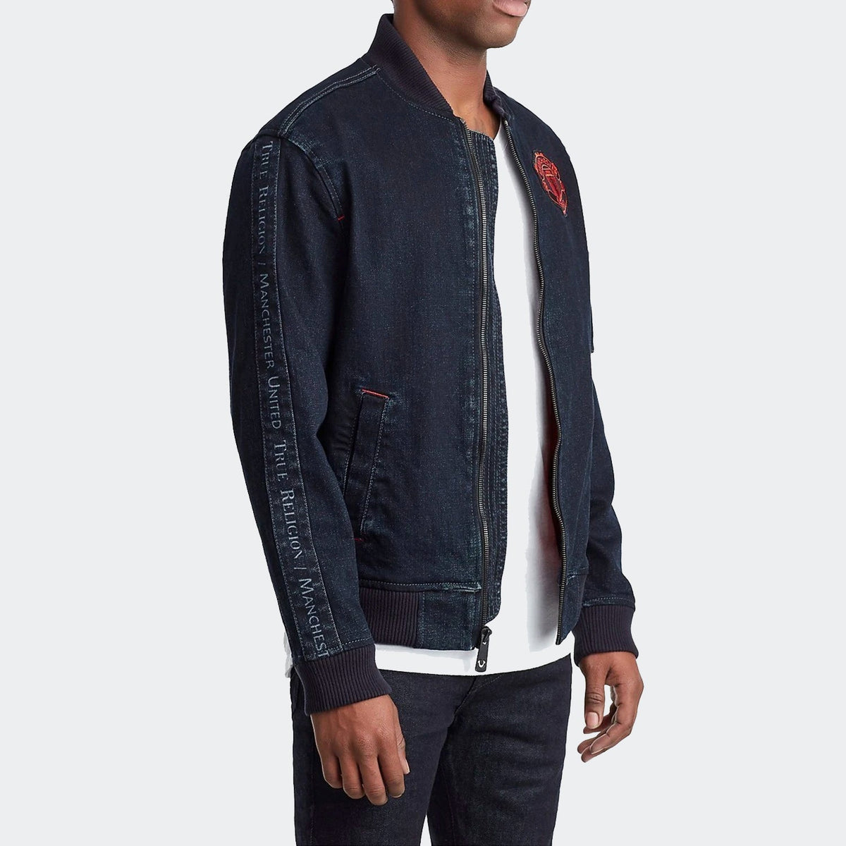 True Religion Manchester United Denim Bomber Jacket product image 1, provided for visual reference and product detail review