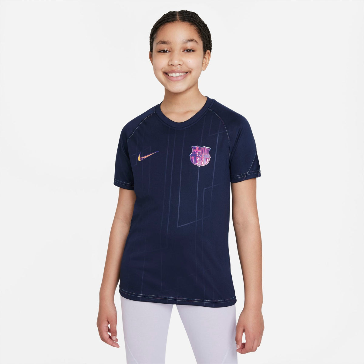 FC Barcelona Away Big Kids' Nike Dri-FIT Pre-Match Soccer Top product image 1, provided for visual reference and product