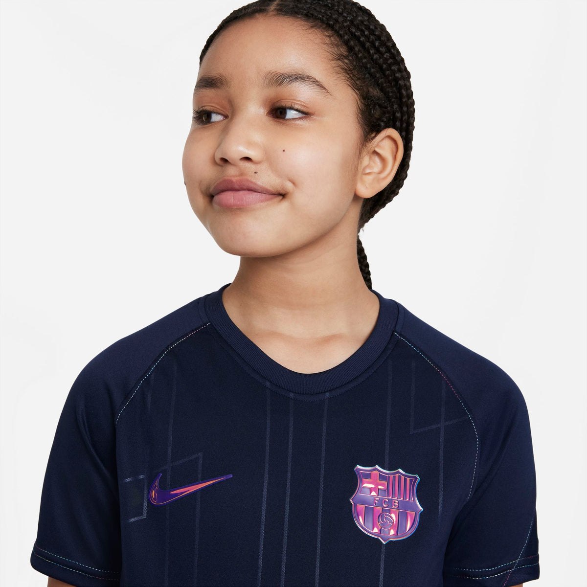 FC Barcelona Away Big Kids' Nike Dri-FIT Pre-Match Soccer Top product image 3, provided for visual reference and product